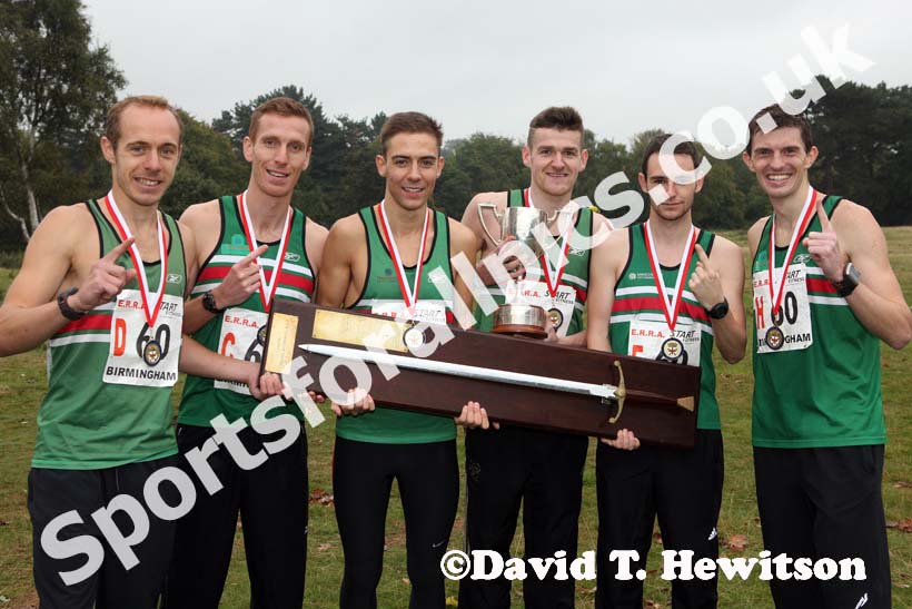 Sale Harriers winners of the Senior Mens 6 Stage Road Relay, from left to right: Matt Bond, Anthony Ford, Charlie Hulson, Niall Brooks, Simon Horsfield and James Bailey at the ERRA Mens 6 and Womens 4 Stage Road Relays, Sutton Park, Birmingham Road Relays.